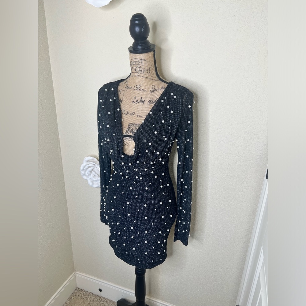 NTM: SHEIN Pearl Embellished Black Bodycon Mini Dress Long Sleeve Size Small - Picture 5 of 16